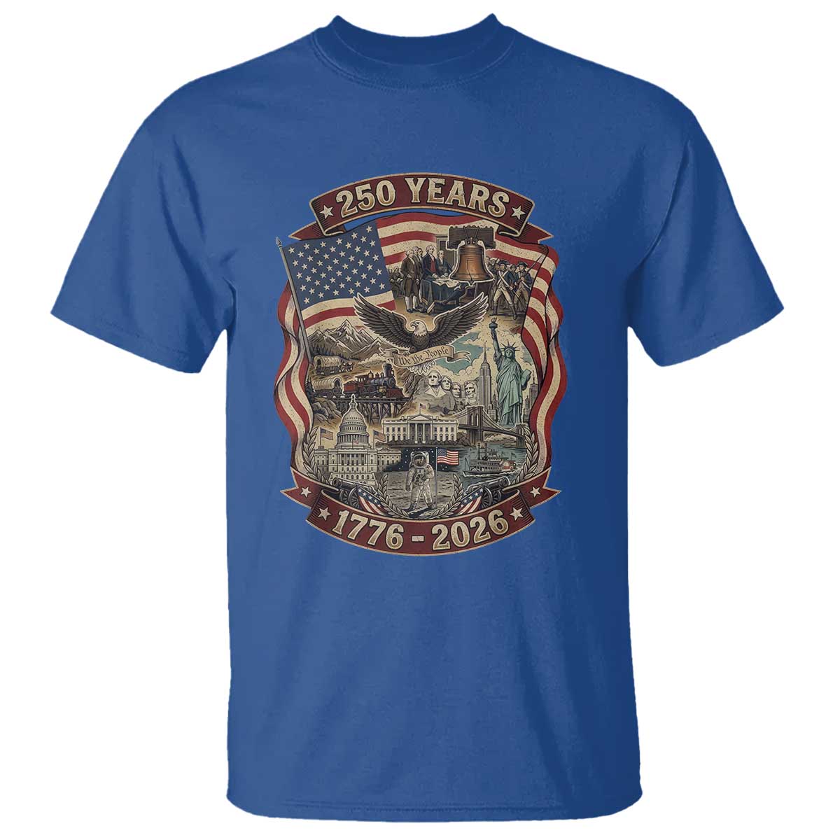 250 Years 1776 to 2026 Ultimate American Landmark Collage T Shirt Liberty Bell Eagle and US Flag Semiquincentennial Patriotic