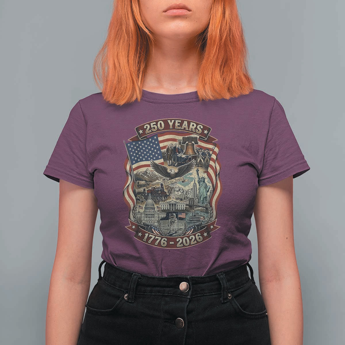 250 Years 1776 to 2026 Ultimate American Landmark Collage T Shirt For Women Liberty Bell Eagle and US Flag Semiquincentennial Patriotic