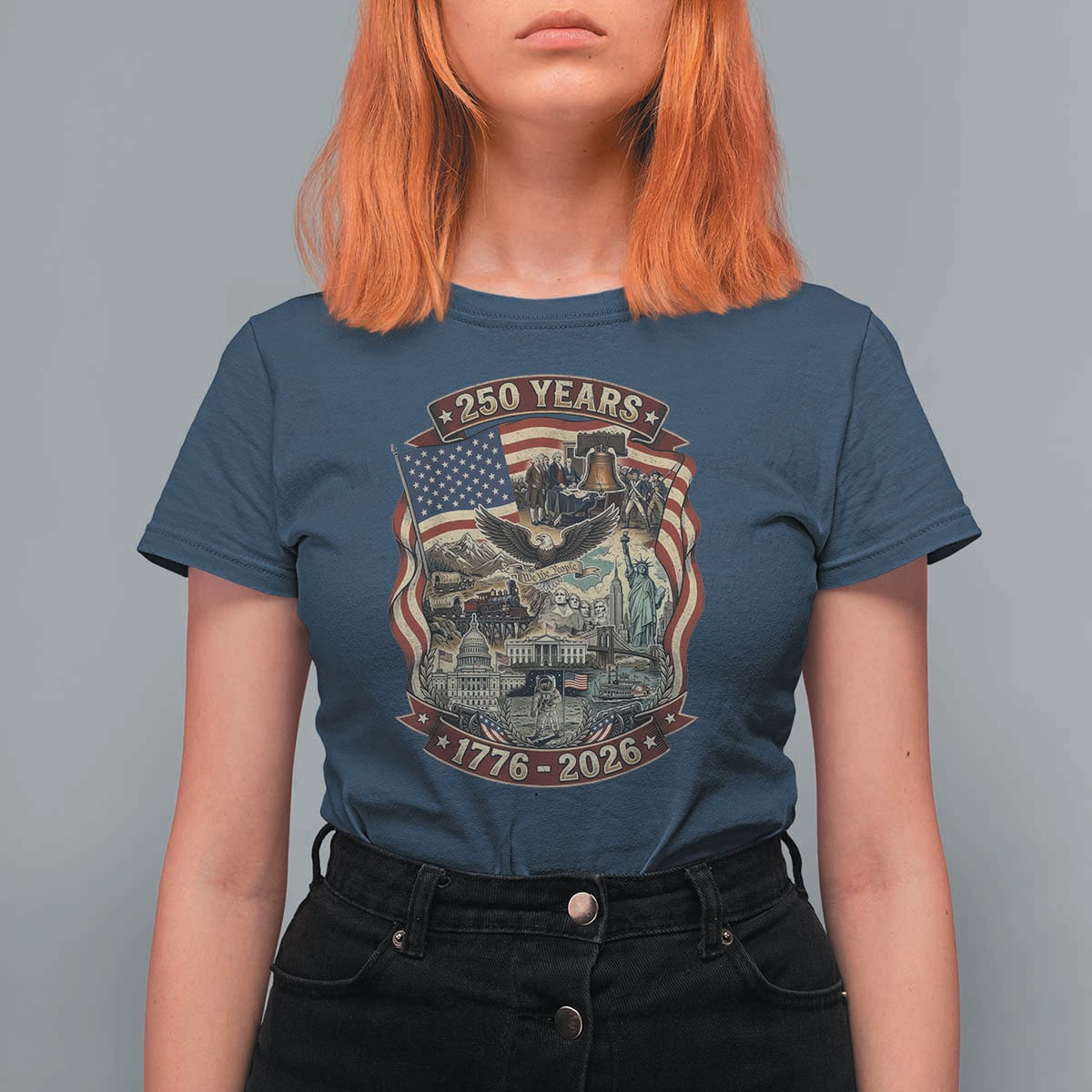 250 Years 1776 to 2026 Ultimate American Landmark Collage T Shirt For Women Liberty Bell Eagle and US Flag Semiquincentennial Patriotic