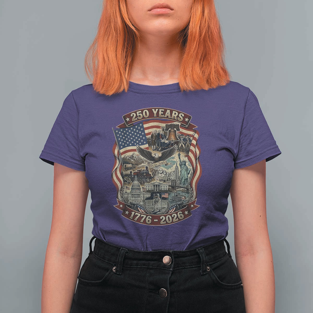 250 Years 1776 to 2026 Ultimate American Landmark Collage T Shirt For Women Liberty Bell Eagle and US Flag Semiquincentennial Patriotic