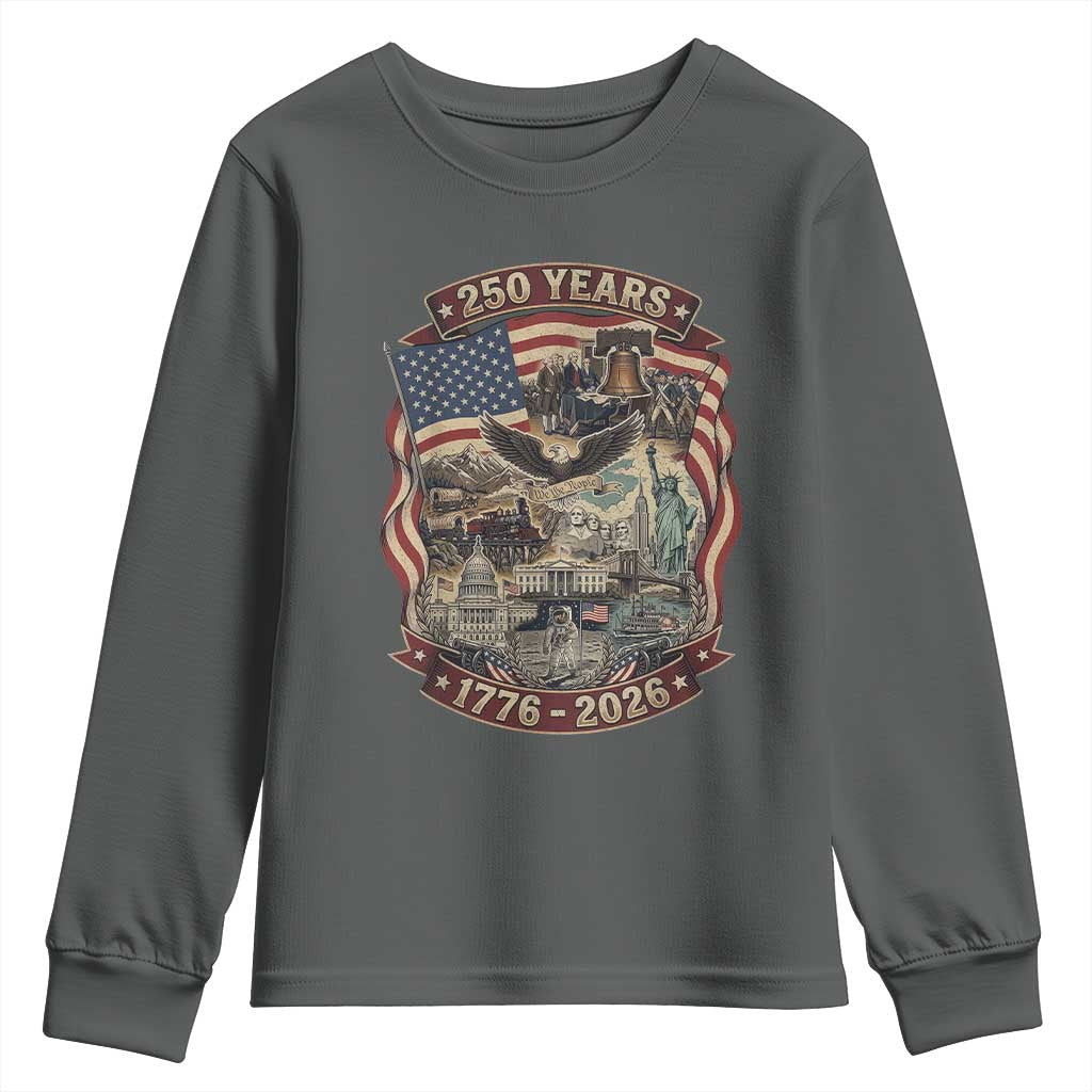 250 Years 1776 to 2026 Ultimate American Landmark Collage Youth Sweatshirt Liberty Bell Eagle and US Flag Semiquincentennial Patriotic