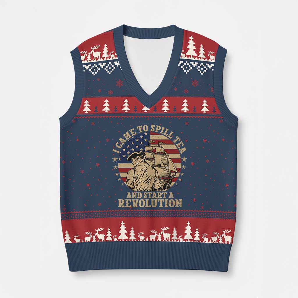 Funny Boston Tea Party V-Neck Knit Sweater Vest I Came To Spill Tea And Start A Revolution Retro Graphic