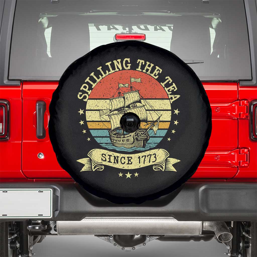 Spilling The Tea Since 1773 Spare Tire Cover Retro Sunset Boston Tea Party History