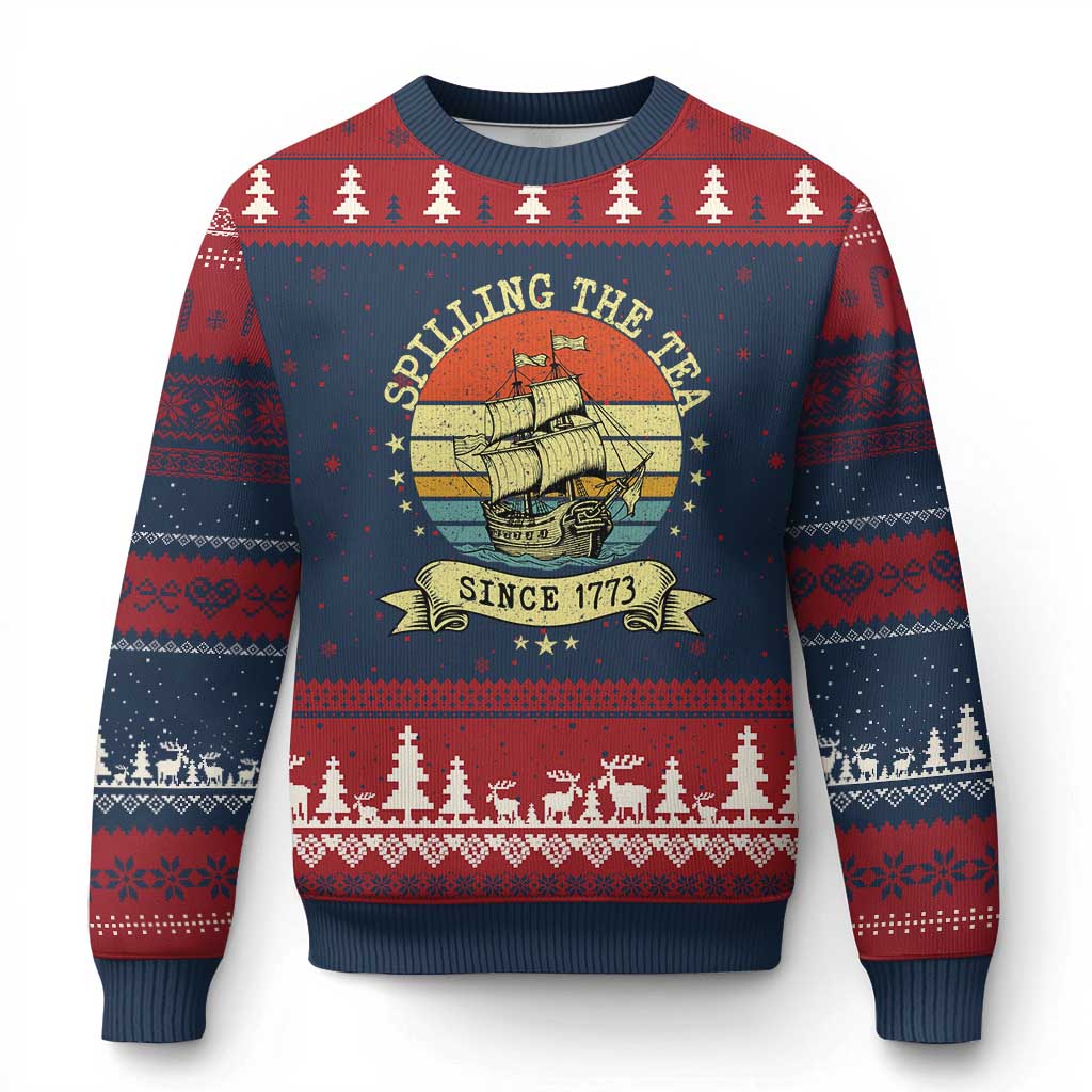 Spilling The Tea Since 1773 Ugly Christmas Sweater Retro Sunset Boston Tea Party History