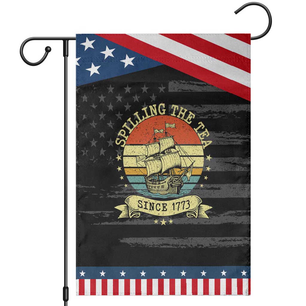 Spilling The Tea Since 1773 Patriotic Garden Flag Retro Sunset Boston Tea Party History