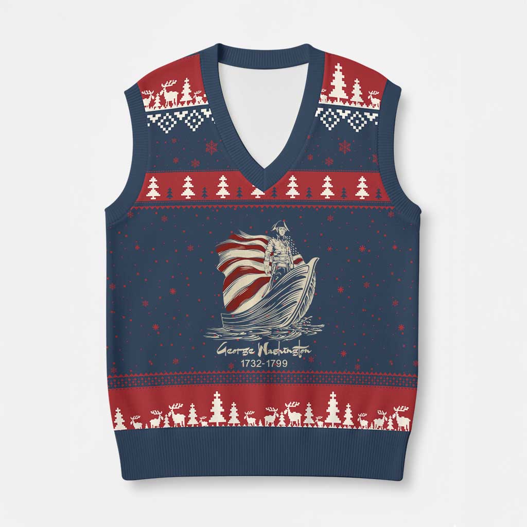 George Washington Crossing The Delaware Patriotic V-Neck Knit Sweater Vest Vintage American Flag Graphic