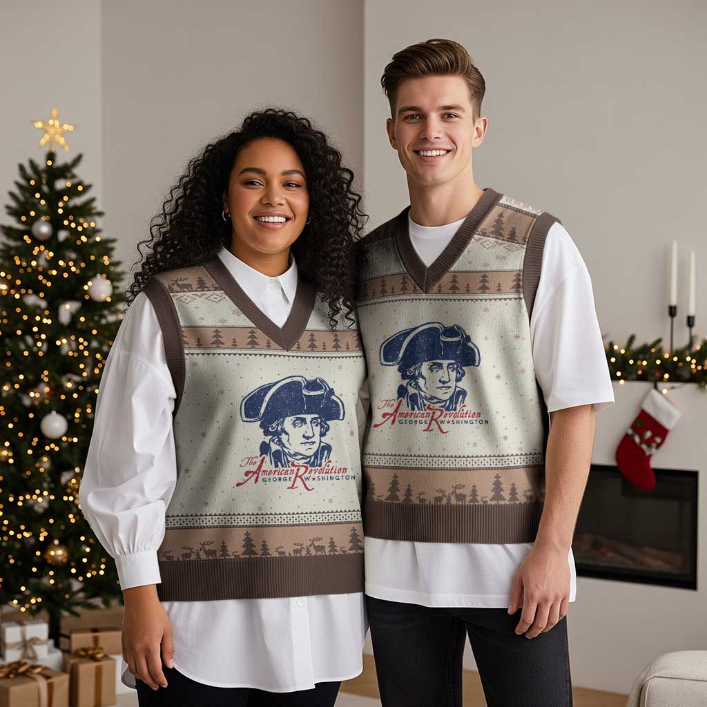 George Washington The American Revolution V-Neck Knit Sweater Vest Distressed Sketch Historic Patriotic Graphic
