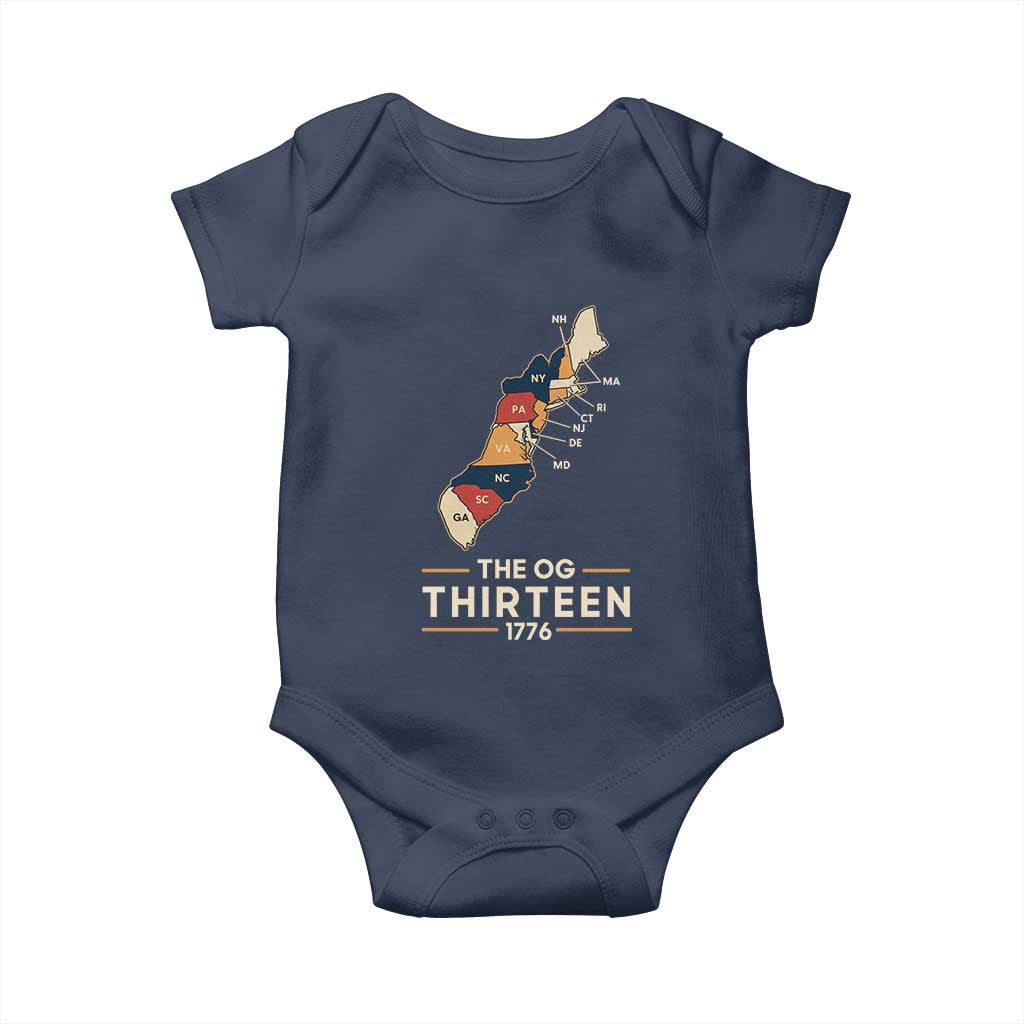 The OG Thirteen 1776 Original Colonies Map Baby Onesie Funny Retro American History
