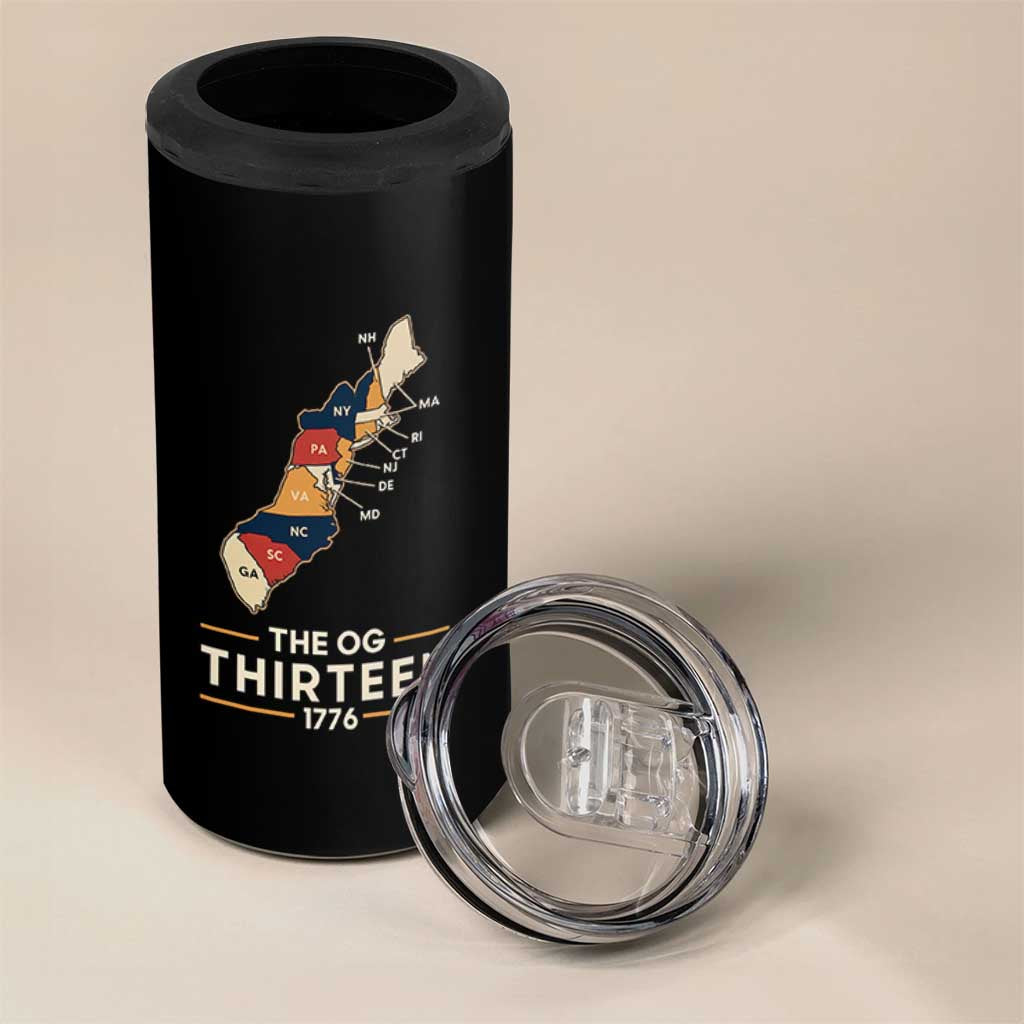 The OG Thirteen 1776 Original Colonies Map 4 in 1 Can Cooler Tumbler Funny Retro American History