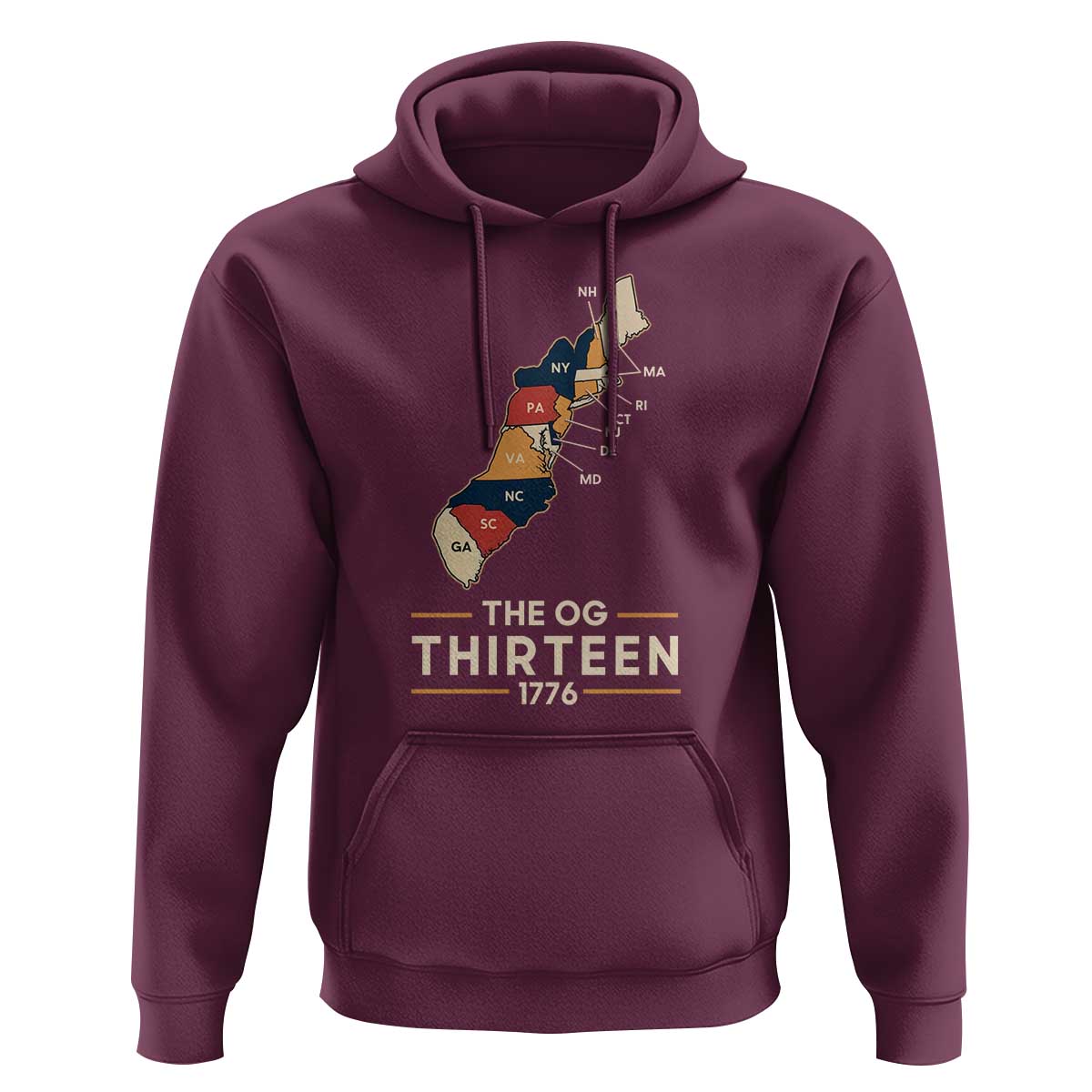 The OG Thirteen 1776 Original Colonies Map Hoodie Funny Retro American History