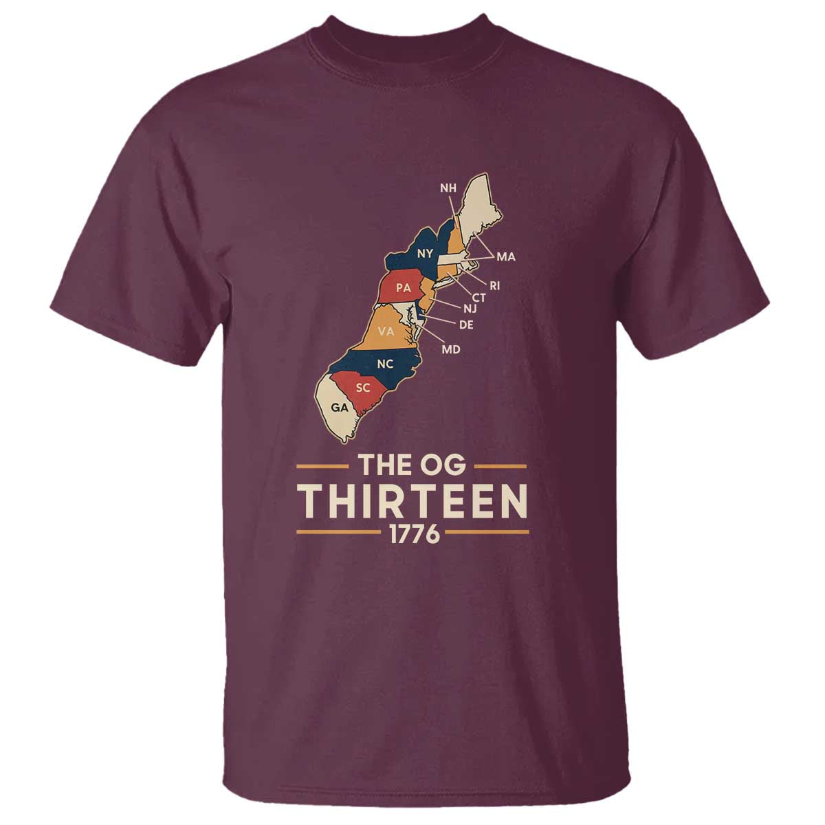 The OG Thirteen 1776 Original Colonies Map T Shirt Funny Retro American History
