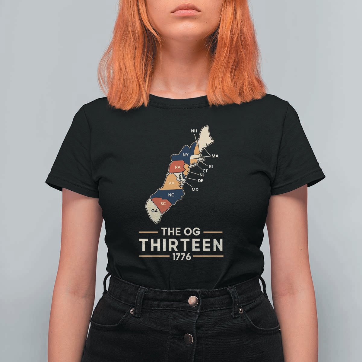 The OG Thirteen 1776 Original Colonies Map T Shirt For Women Funny Retro American History