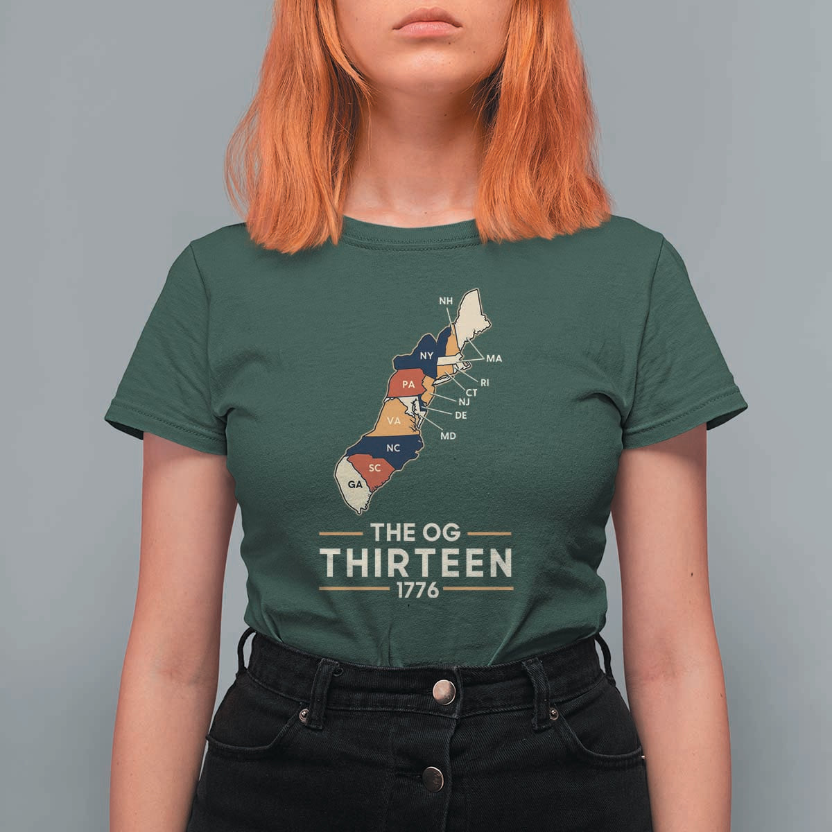The OG Thirteen 1776 Original Colonies Map T Shirt For Women Funny Retro American History
