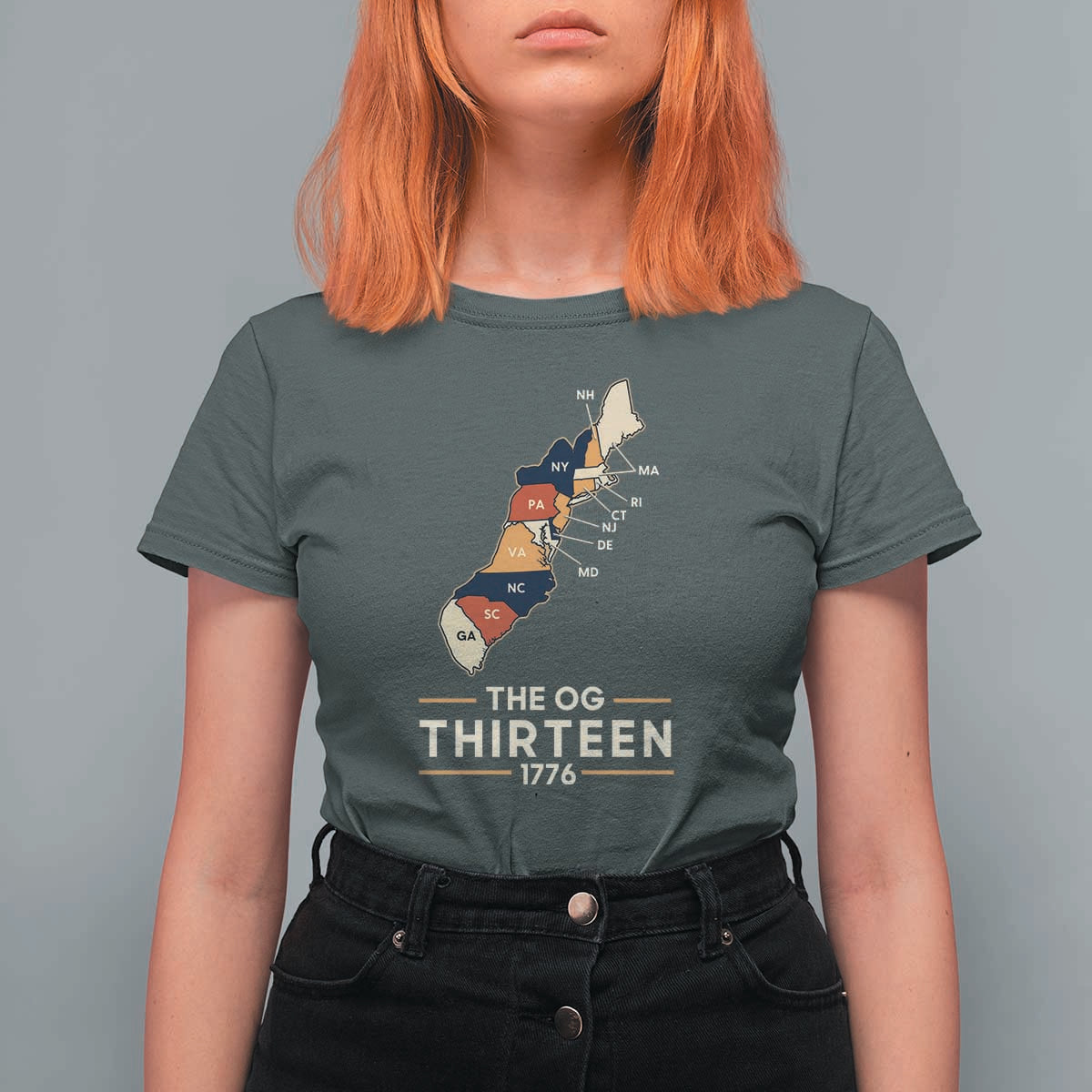 The OG Thirteen 1776 Original Colonies Map T Shirt For Women Funny Retro American History