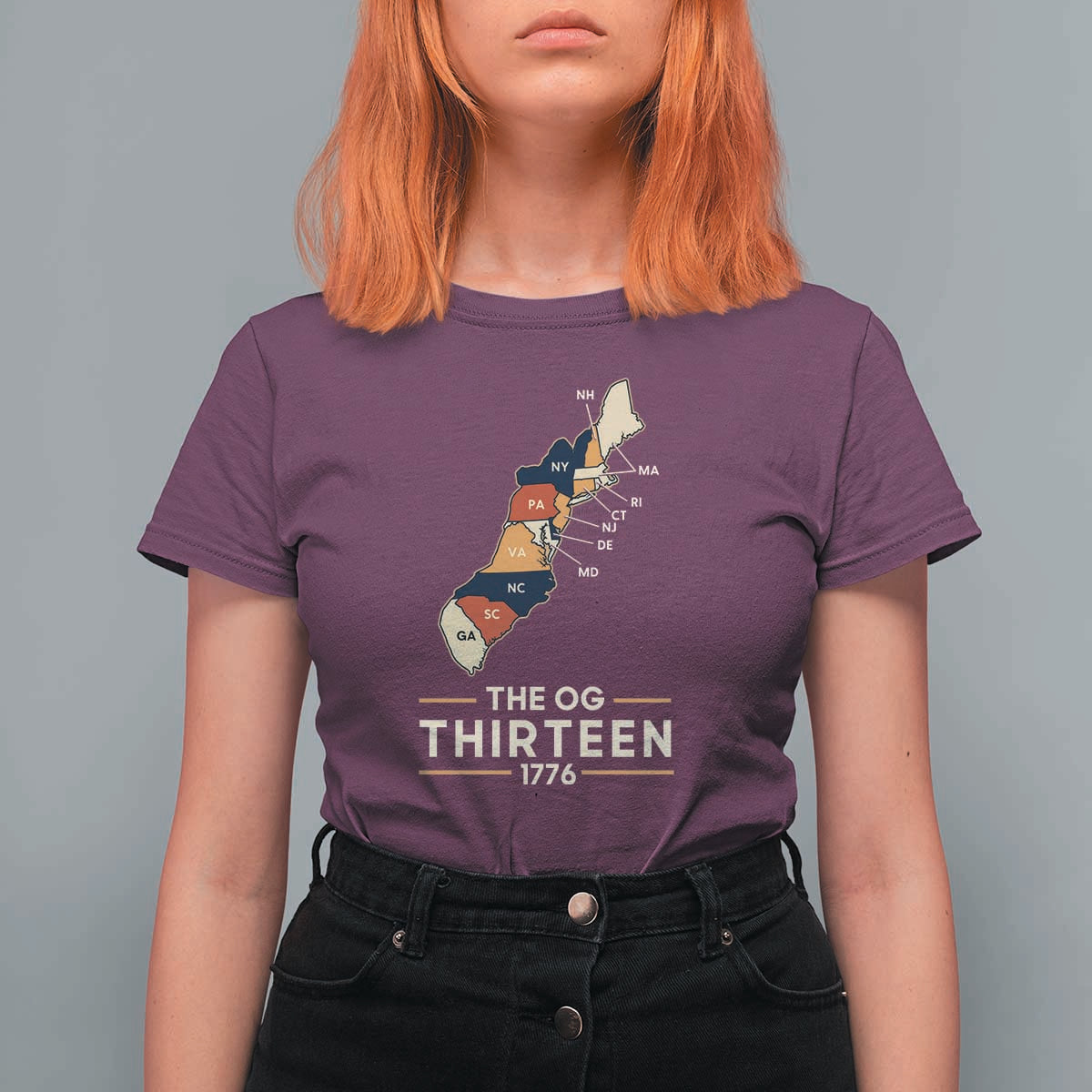 The OG Thirteen 1776 Original Colonies Map T Shirt For Women Funny Retro American History