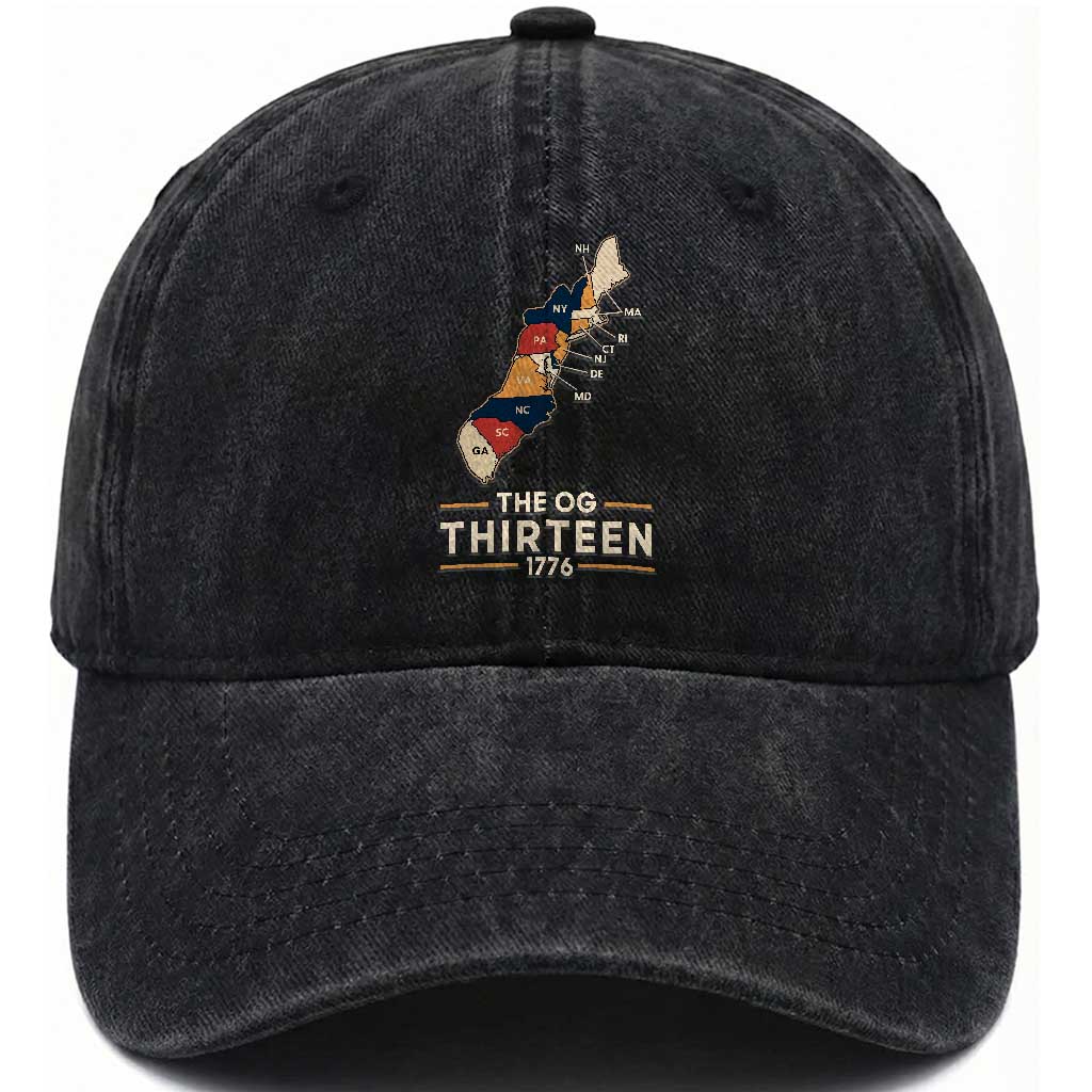 The OG Thirteen 1776 Original Colonies Map Washed Cotton Baseball Cap Funny Retro American History