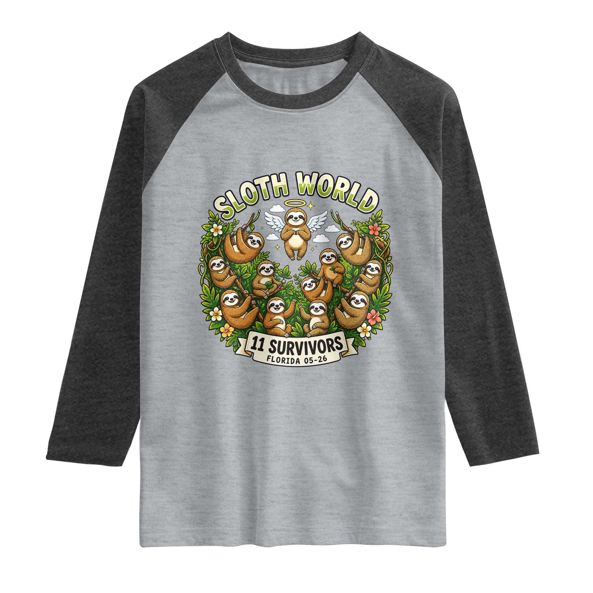 Sloth World 11 Survivors Wildlife Awareness Raglan Shirt Florida Animal Rights Protest and Support