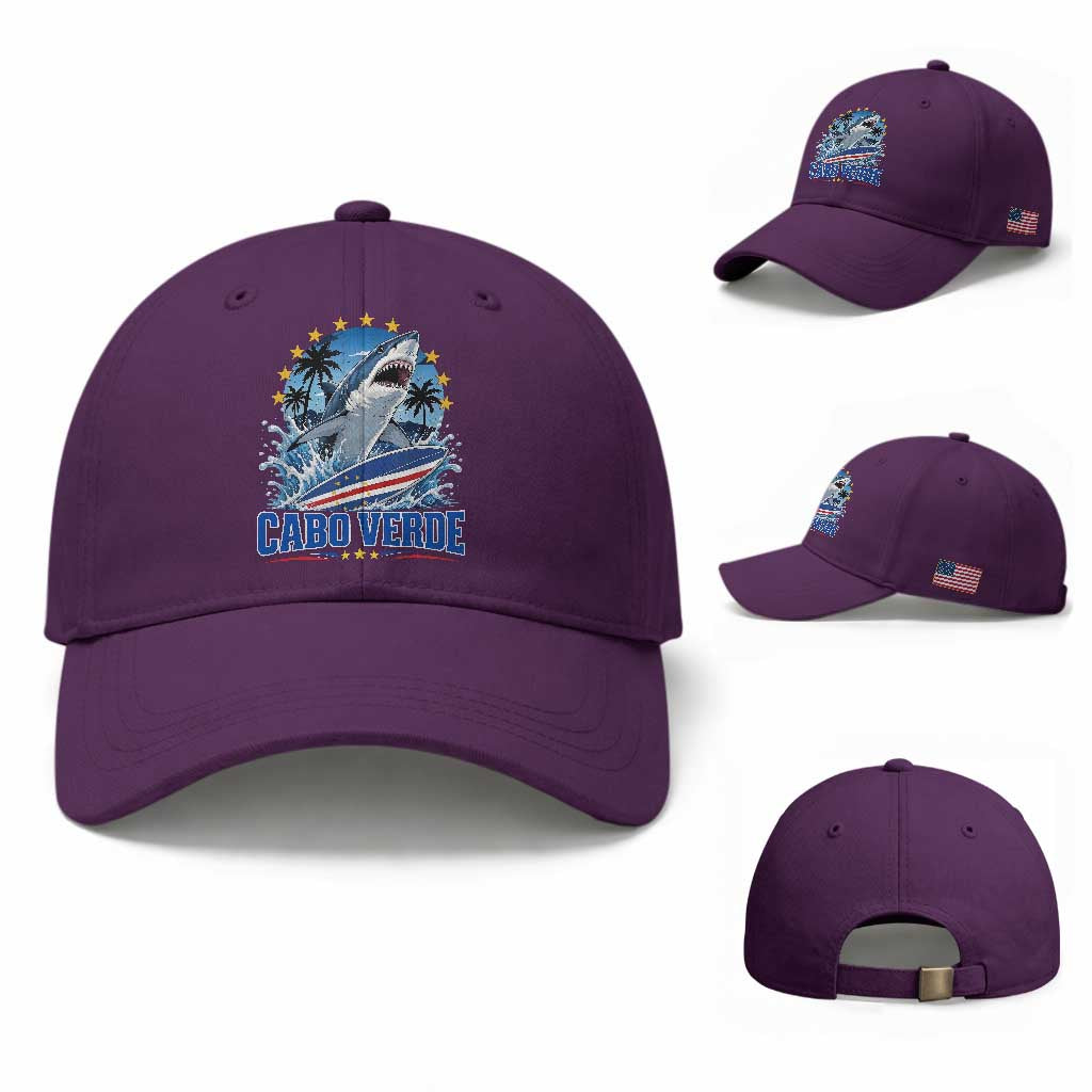 Cabo Verde Surfing Blue Shark Surfboard Baseball Cap Cape Verde Flag Tropical Ocean Wave