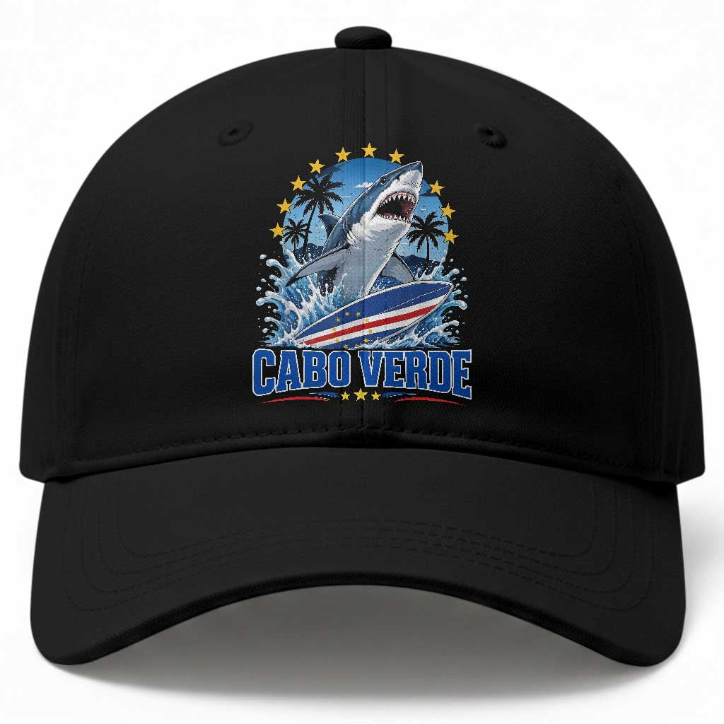 Cabo Verde Surfing Blue Shark Surfboard Baseball Cap Cape Verde Flag Tropical Ocean Wave