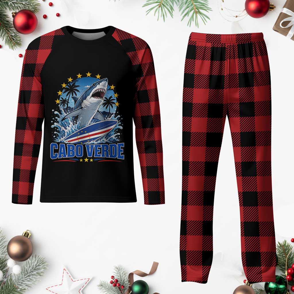 Cabo Verde Surfing Blue Shark Surfboard Plaid Pajama Set Cape Verde Flag Tropical Ocean Wave