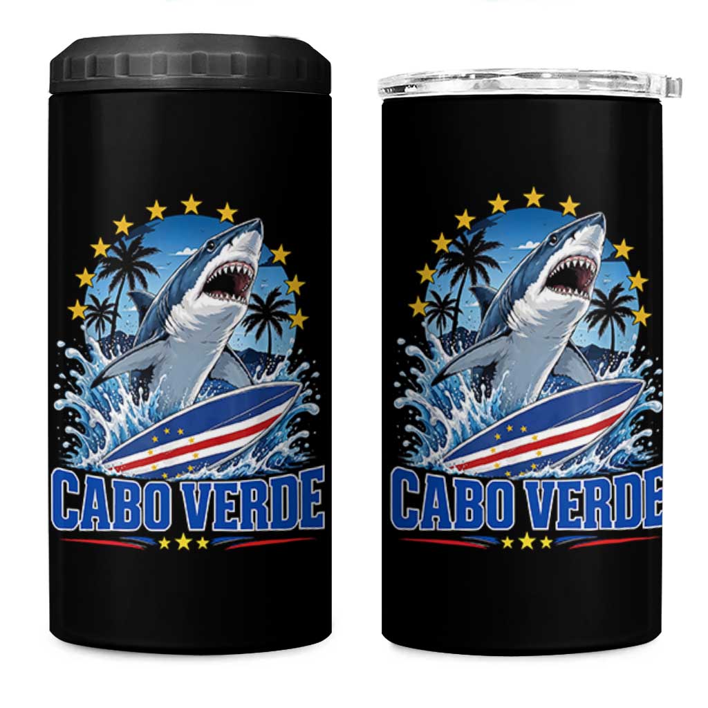 Cabo Verde Surfing Blue Shark Surfboard 4 in 1 Can Cooler Tumbler Cape Verde Flag Tropical Ocean Wave