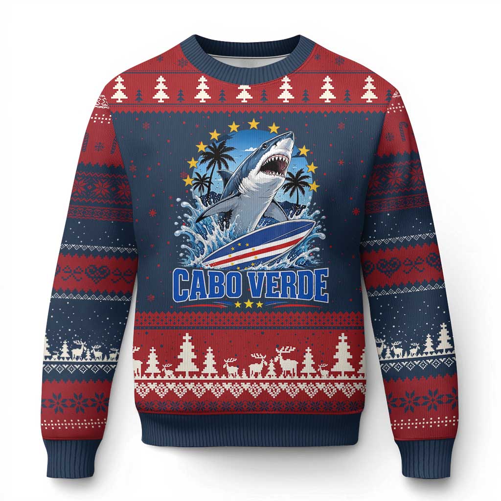 Cabo Verde Surfing Blue Shark Surfboard Ugly Christmas Sweater Cape Verde Flag Tropical Ocean Wave