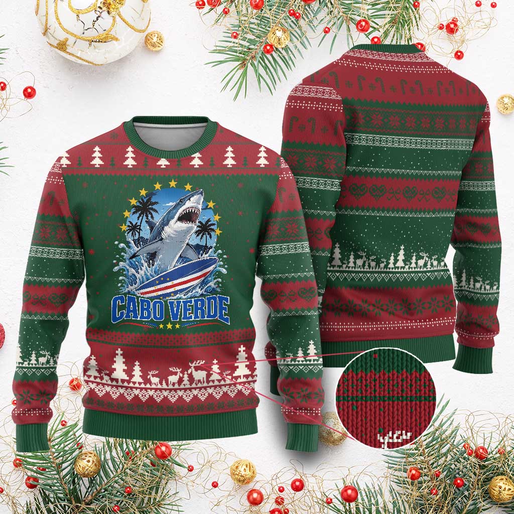 Cabo Verde Surfing Blue Shark Surfboard Ugly Christmas Sweater Cape Verde Flag Tropical Ocean Wave