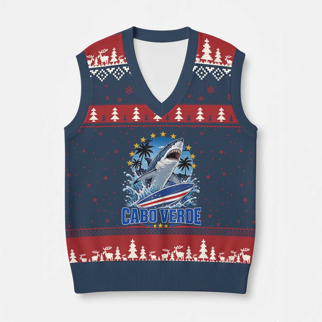 Cabo Verde Surfing Blue Shark Surfboard V-Neck Knit Sweater Vest Cape Verde Flag Tropical Ocean Wave