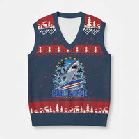Cabo Verde Surfing Blue Shark Surfboard V-Neck Knit Sweater Vest Cape Verde Flag Tropical Ocean Wave