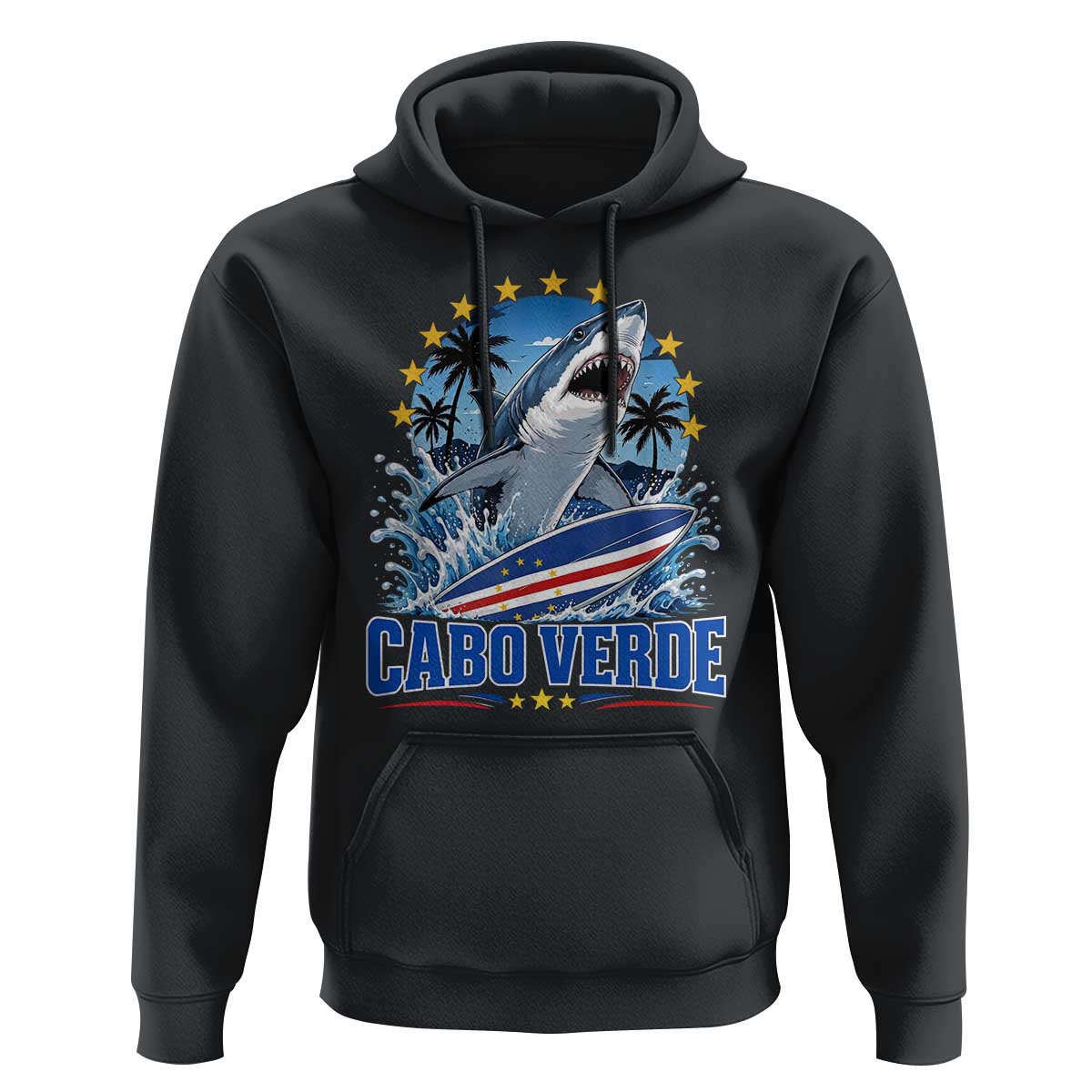 Cabo Verde Surfing Blue Shark Surfboard Hoodie Cape Verde Flag Tropical Ocean Wave