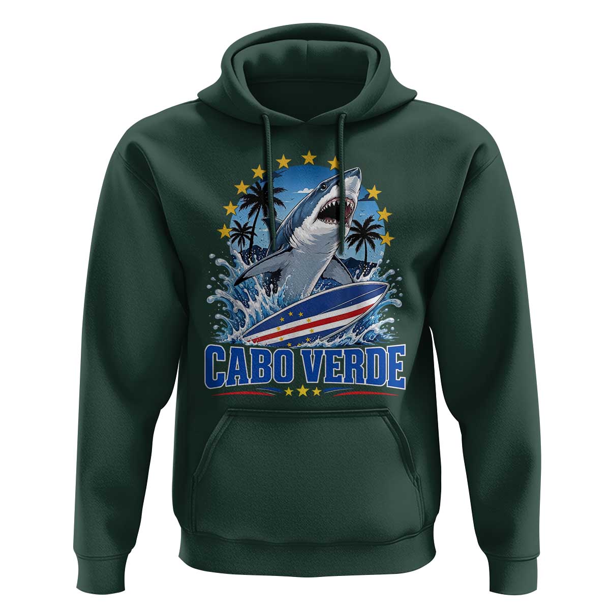 Cabo Verde Surfing Blue Shark Surfboard Hoodie Cape Verde Flag Tropical Ocean Wave