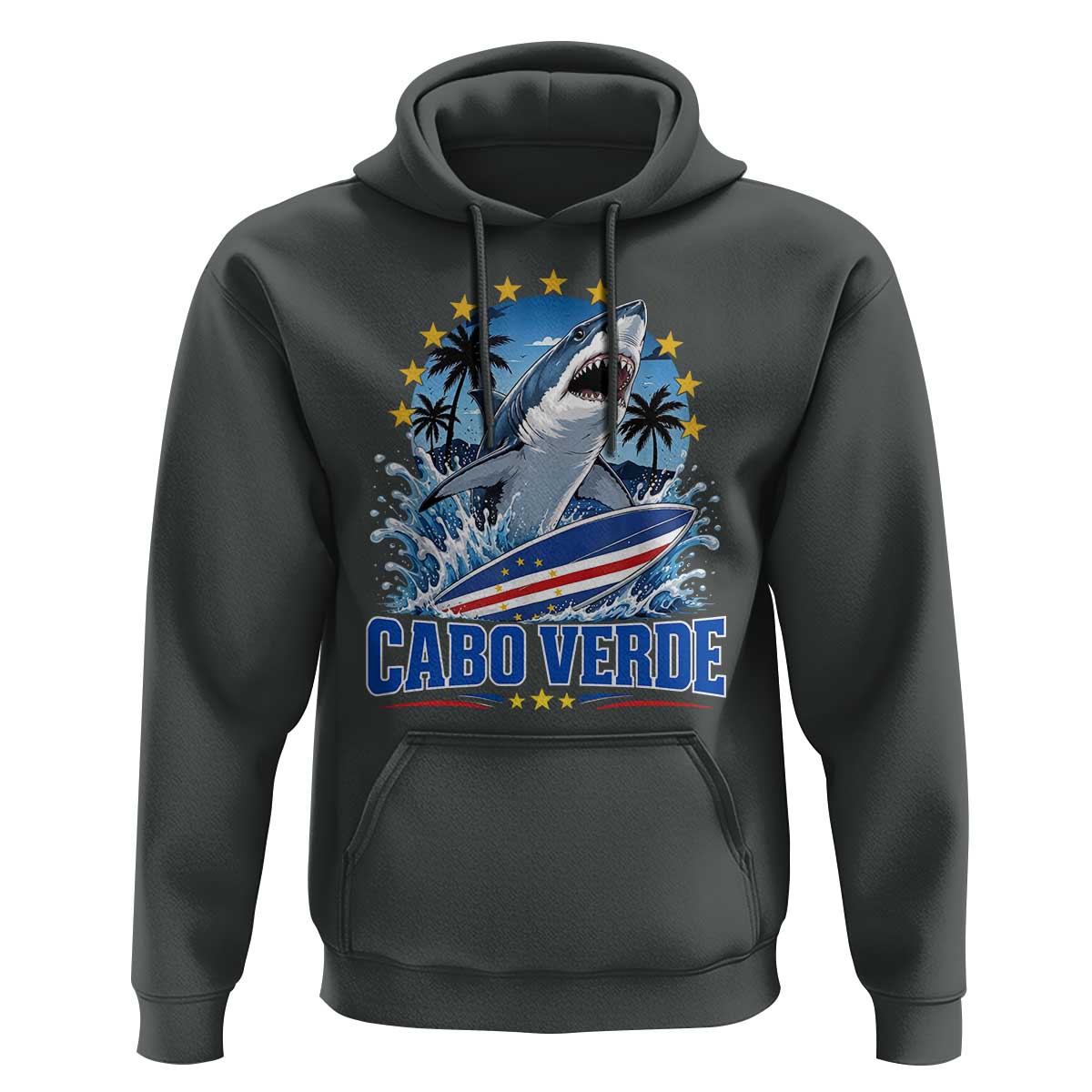 Cabo Verde Surfing Blue Shark Surfboard Hoodie Cape Verde Flag Tropical Ocean Wave