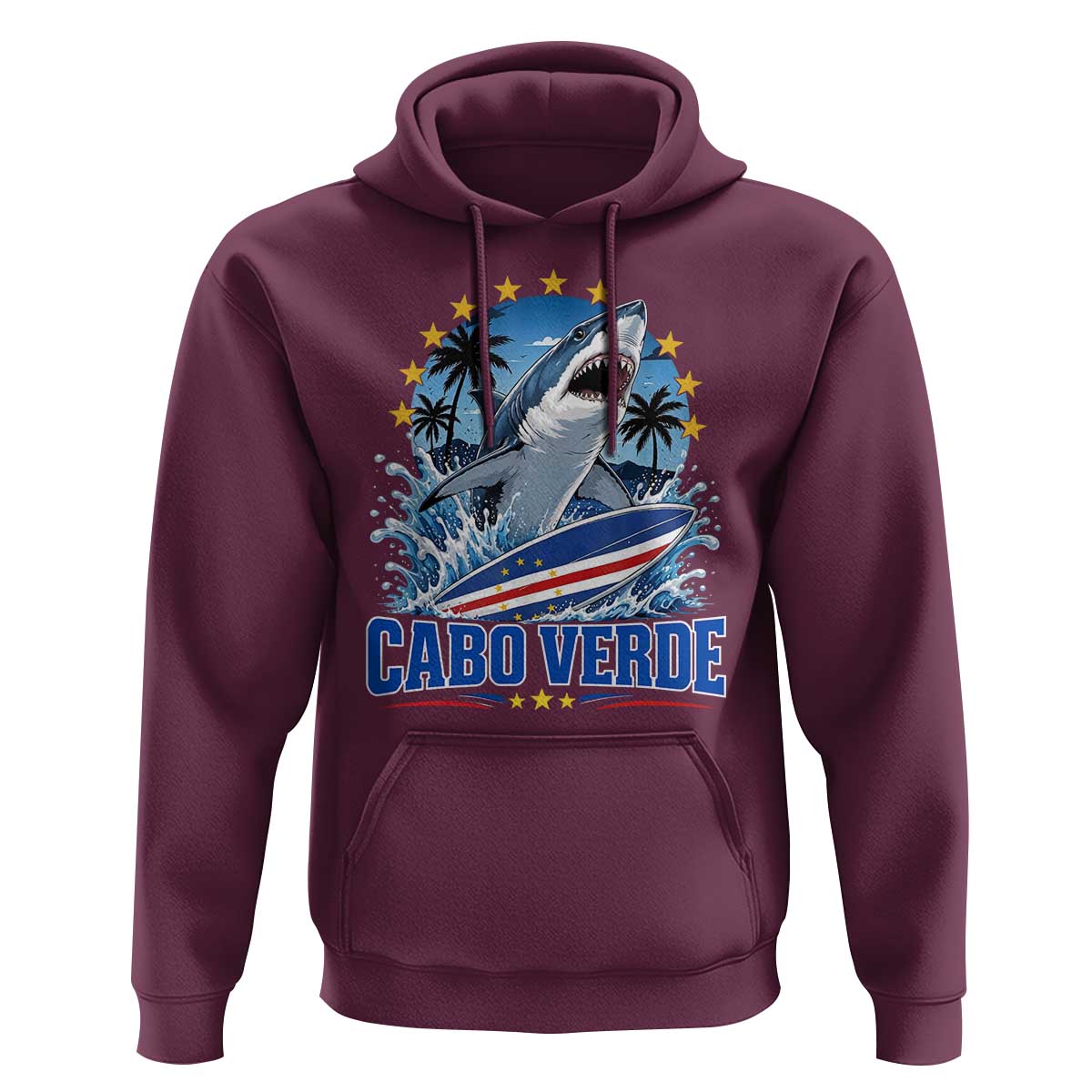Cabo Verde Surfing Blue Shark Surfboard Hoodie Cape Verde Flag Tropical Ocean Wave