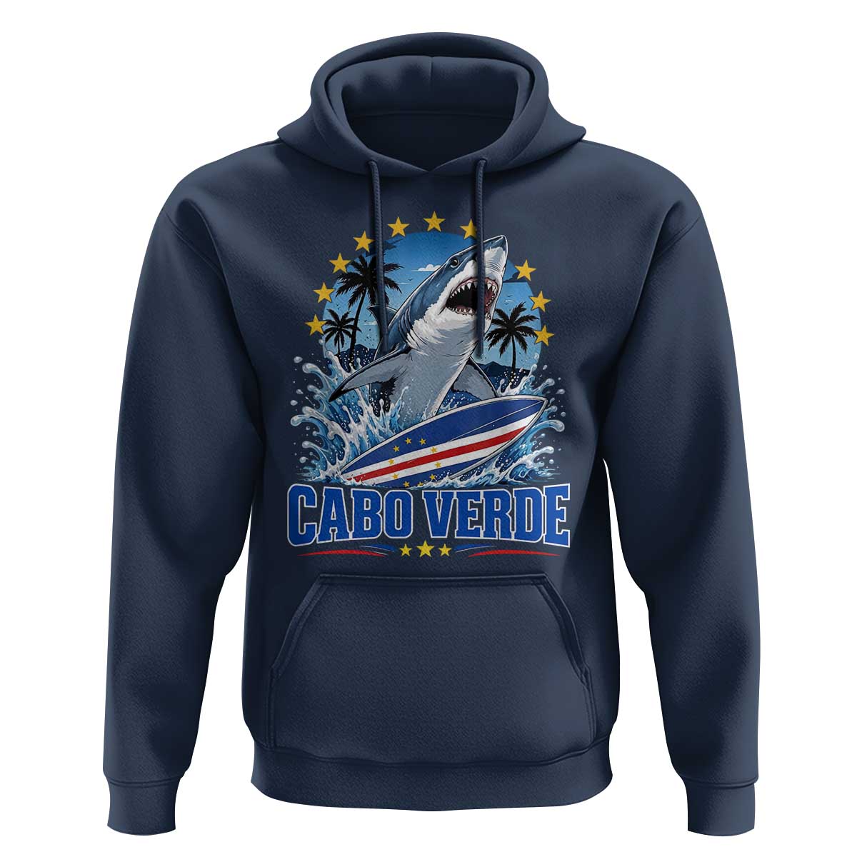 Cabo Verde Surfing Blue Shark Surfboard Hoodie Cape Verde Flag Tropical Ocean Wave