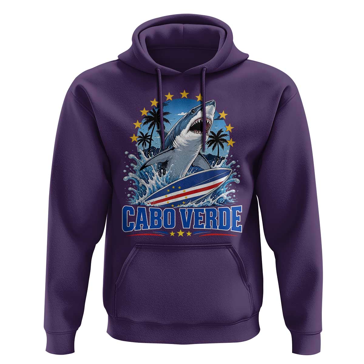 Cabo Verde Surfing Blue Shark Surfboard Hoodie Cape Verde Flag Tropical Ocean Wave