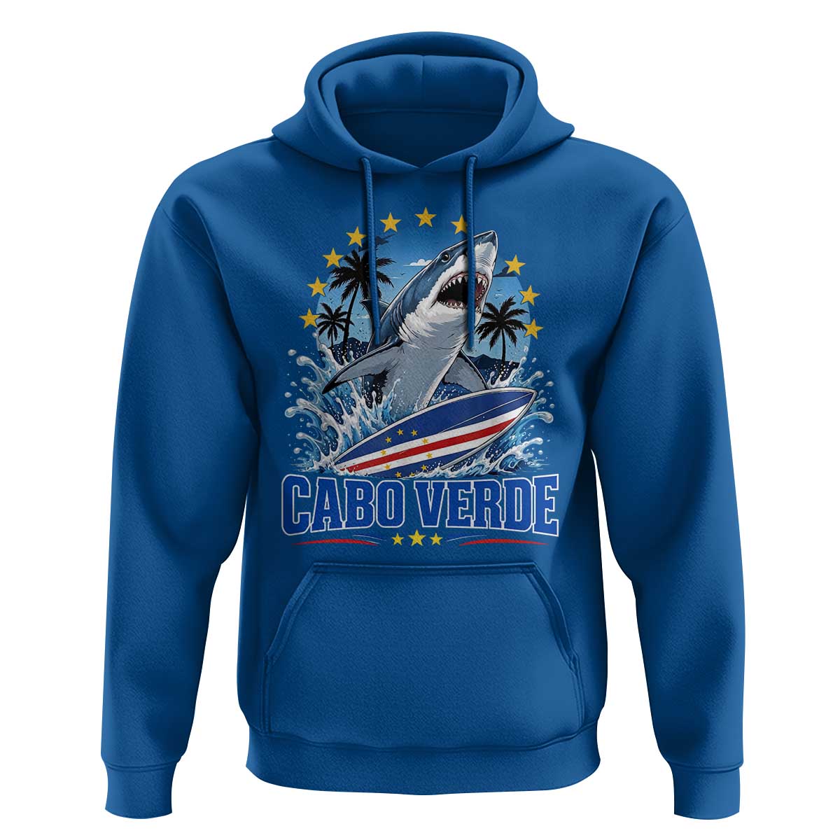 Cabo Verde Surfing Blue Shark Surfboard Hoodie Cape Verde Flag Tropical Ocean Wave