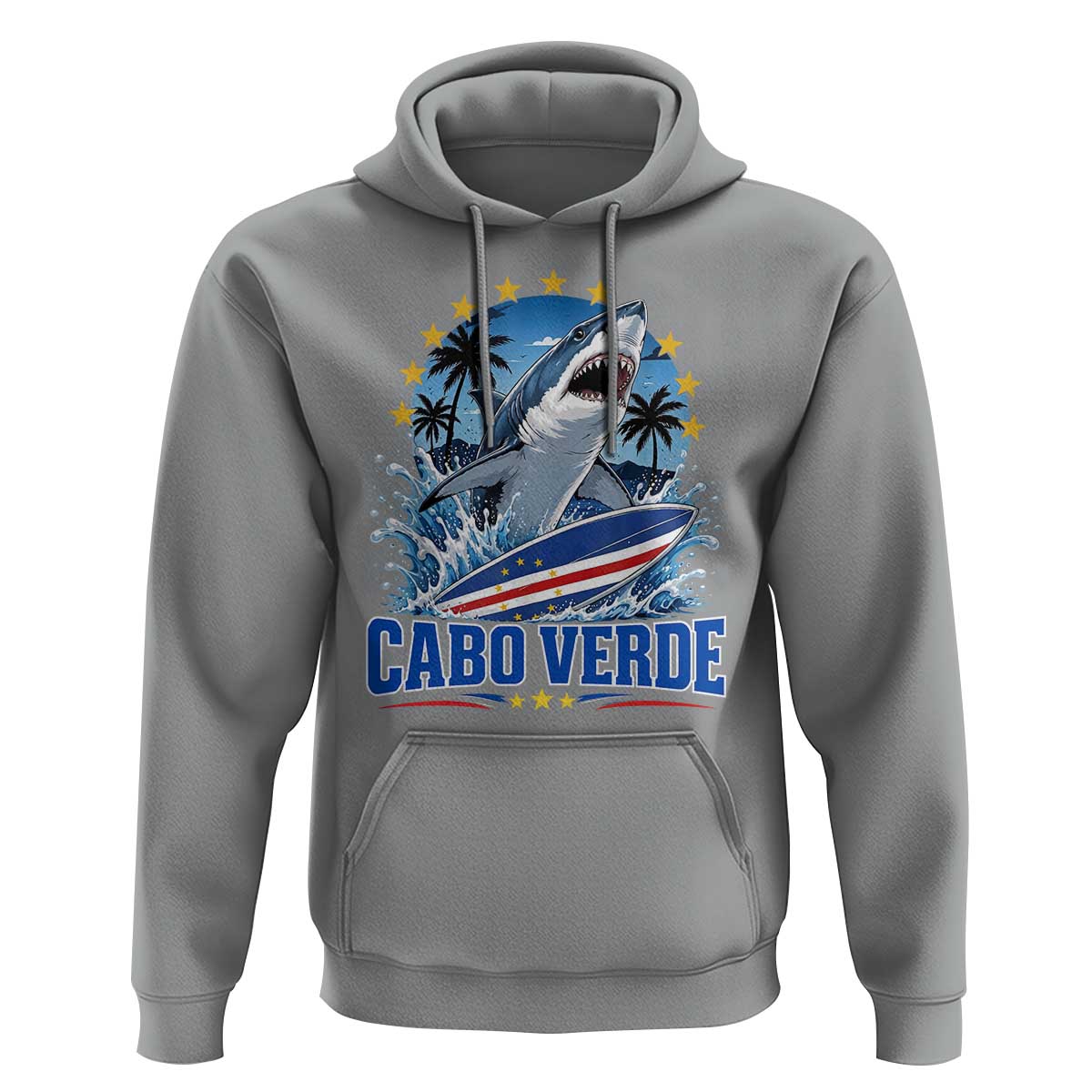 Cabo Verde Surfing Blue Shark Surfboard Hoodie Cape Verde Flag Tropical Ocean Wave