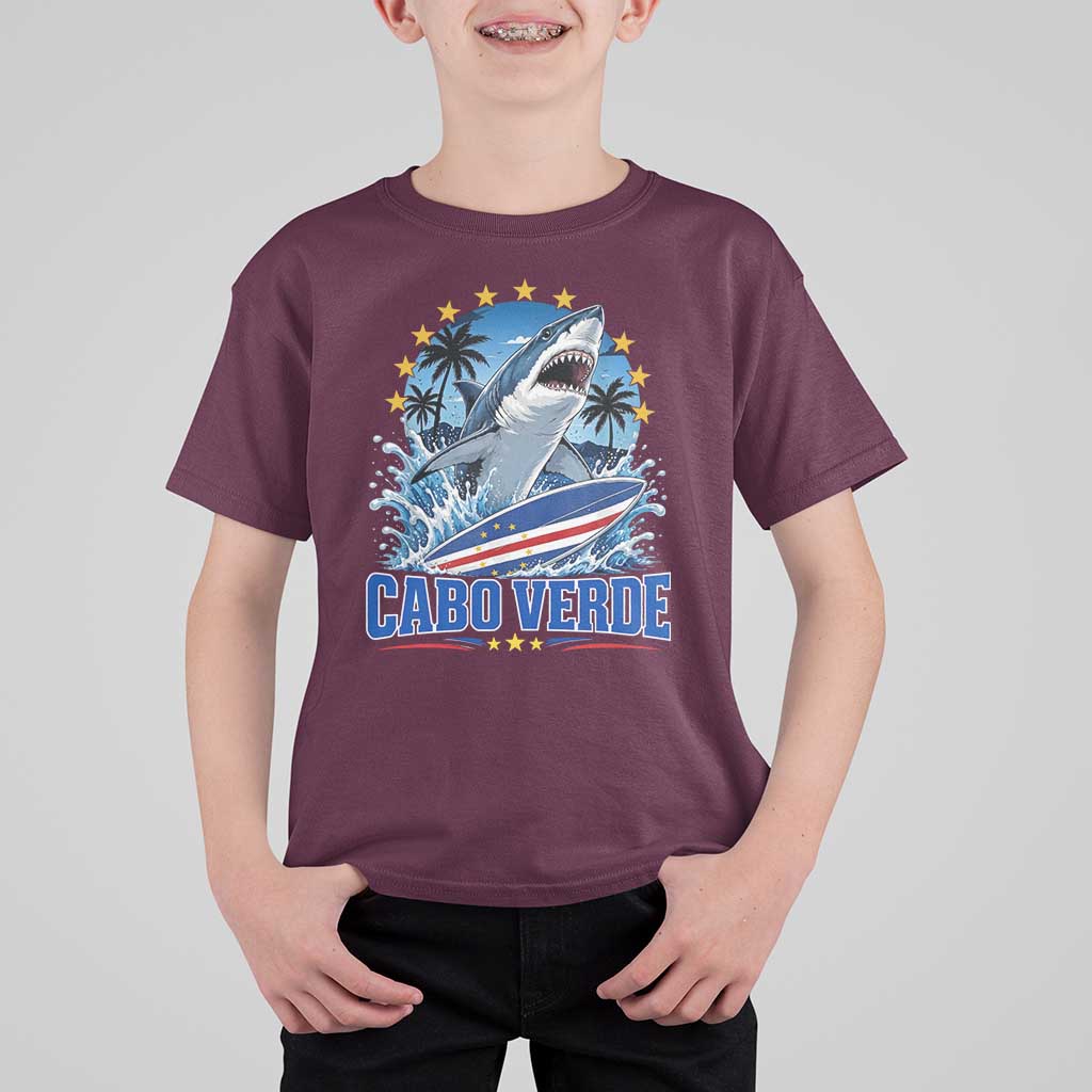 Cabo Verde Surfing Blue Shark Surfboard T Shirt For Kid Cape Verde Flag Tropical Ocean Wave