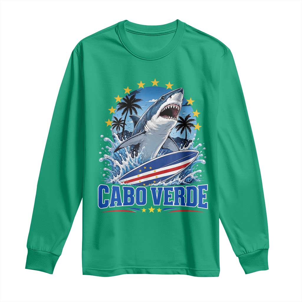 Cabo Verde Surfing Blue Shark Surfboard Long Sleeve Shirt Cape Verde Flag Tropical Ocean Wave