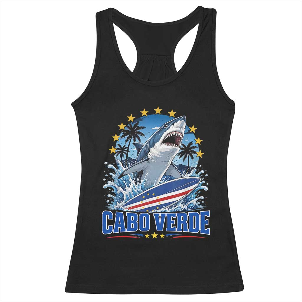 Cabo Verde Surfing Blue Shark Surfboard Racerback Tank Top Cape Verde Flag Tropical Ocean Wave