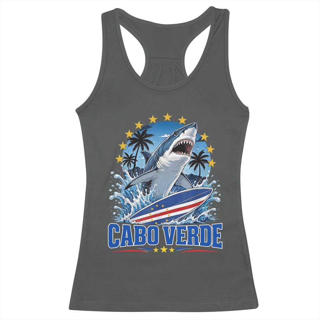 Cabo Verde Surfing Blue Shark Surfboard Racerback Tank Top Cape Verde Flag Tropical Ocean Wave
