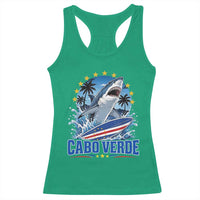 Cabo Verde Surfing Blue Shark Surfboard Racerback Tank Top Cape Verde Flag Tropical Ocean Wave