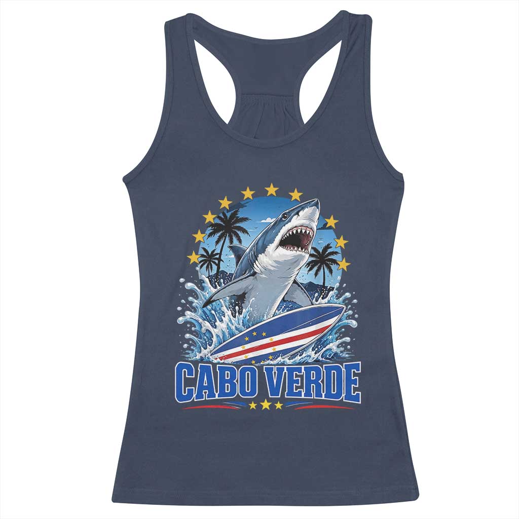 Cabo Verde Surfing Blue Shark Surfboard Racerback Tank Top Cape Verde Flag Tropical Ocean Wave