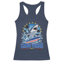 Cabo Verde Surfing Blue Shark Surfboard Racerback Tank Top Cape Verde Flag Tropical Ocean Wave