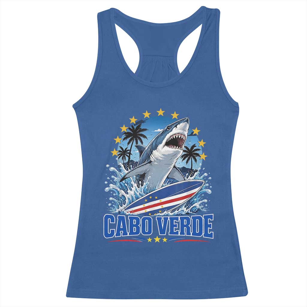 Cabo Verde Surfing Blue Shark Surfboard Racerback Tank Top Cape Verde Flag Tropical Ocean Wave