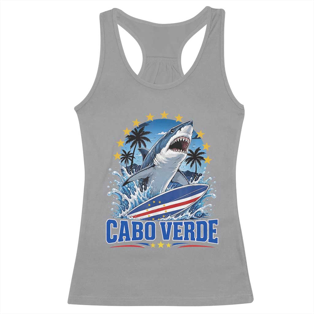 Cabo Verde Surfing Blue Shark Surfboard Racerback Tank Top Cape Verde Flag Tropical Ocean Wave