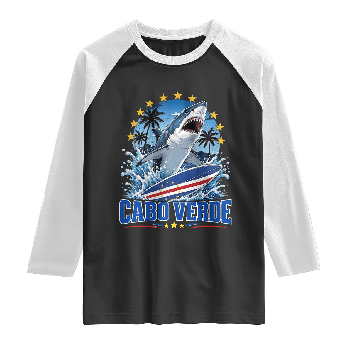 Cabo Verde Surfing Blue Shark Surfboard Raglan Shirt Cape Verde Flag Tropical Ocean Wave
