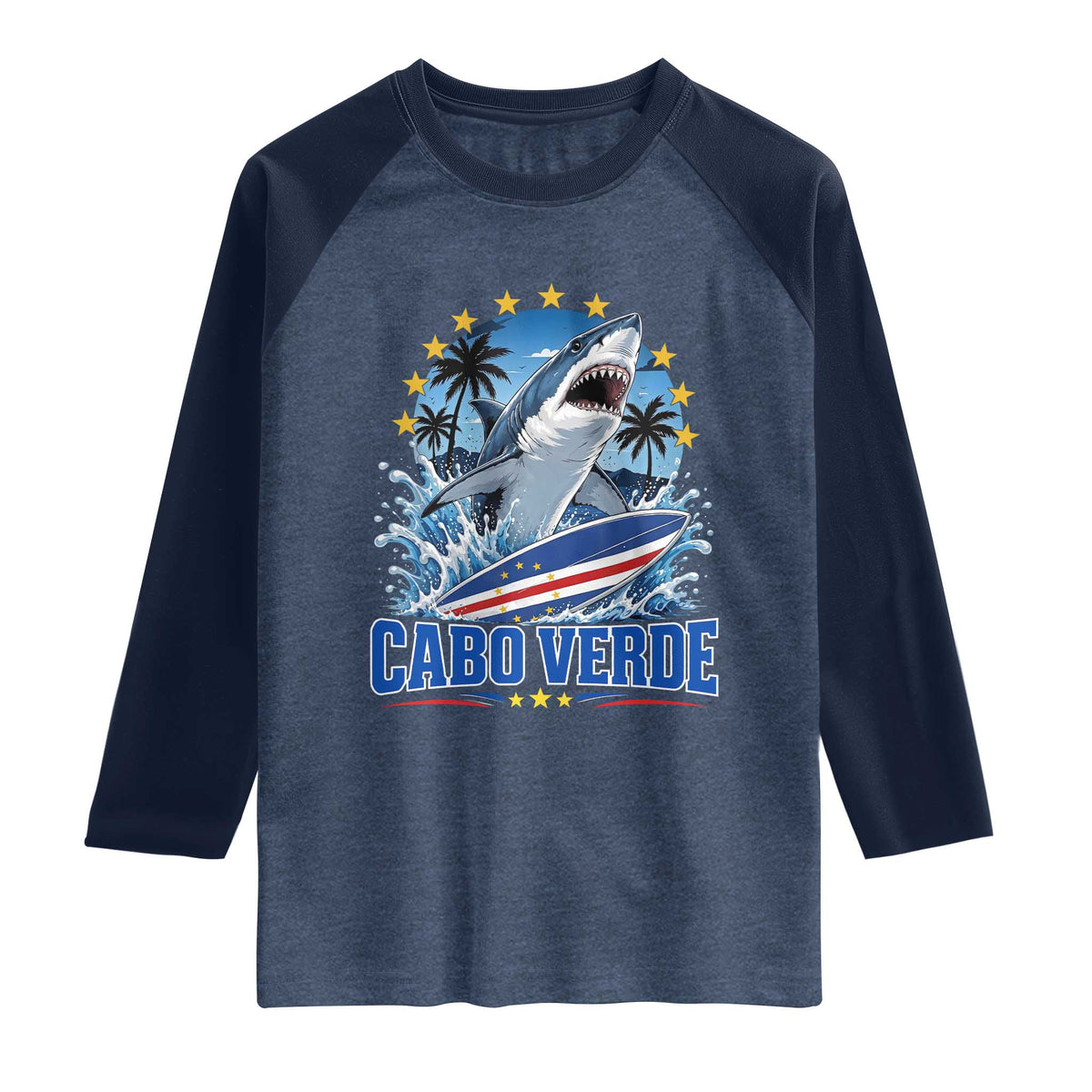 Cabo Verde Surfing Blue Shark Surfboard Raglan Shirt Cape Verde Flag Tropical Ocean Wave