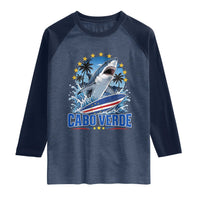 Cabo Verde Surfing Blue Shark Surfboard Raglan Shirt Cape Verde Flag Tropical Ocean Wave