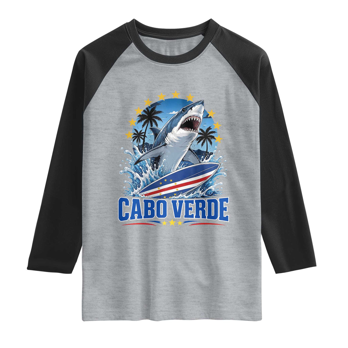 Cabo Verde Surfing Blue Shark Surfboard Raglan Shirt Cape Verde Flag Tropical Ocean Wave